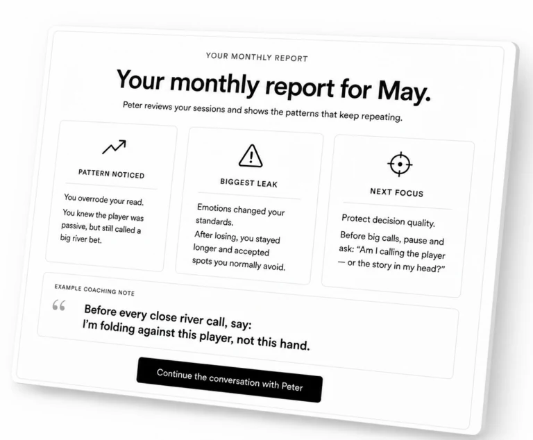 Monthly report showing session focus, recurring pattern, trend and a coaching note.